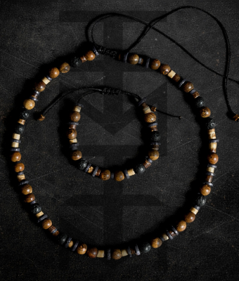 DREWNIANE KORALIKI Z LAWĄ WULKANICZNĄ - KOMPLET