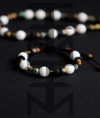 NASZYJNIK I BRANSOLETKA Z AGATEM, TURKUSEM, DREWNEM, LAWĄ WULKANICZNĄ I HEMATYTEM