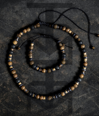 DREWNIANE KORALIKI Z LAWĄ WULKANICZNĄ - KOMPLET