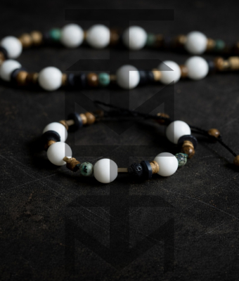 NASZYJNIK I BRANSOLETKA Z AGATEM, TURKUSEM, DREWNEM, LAWĄ WULKANICZNĄ I HEMATYTEM